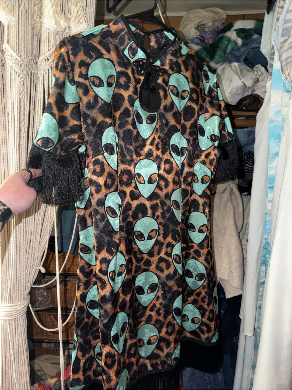 Dressed in LALA Teal Alien Print Leopard Top with Black Fringe